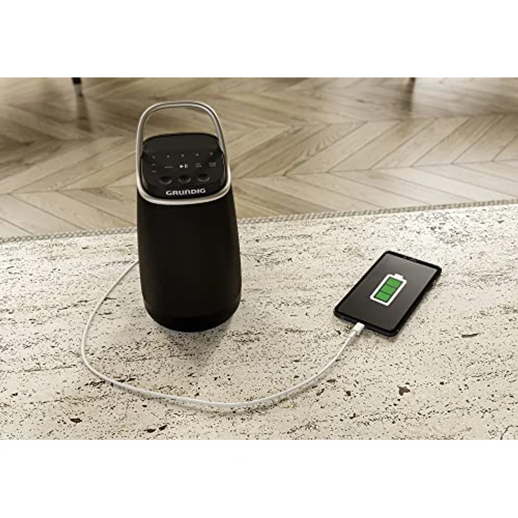 GRUNDIG Bluetooth Lautsprecher GBT Band 360, Musikbox, 360°-Sound, 12 Watt RMS, bis zu 30 m Reichweite, bis zu 19 Stunden Akkulaufzeit, DAB+ und FM Radio, AUX Input, OLED Monochrome Display, Schwarz – Bild 3