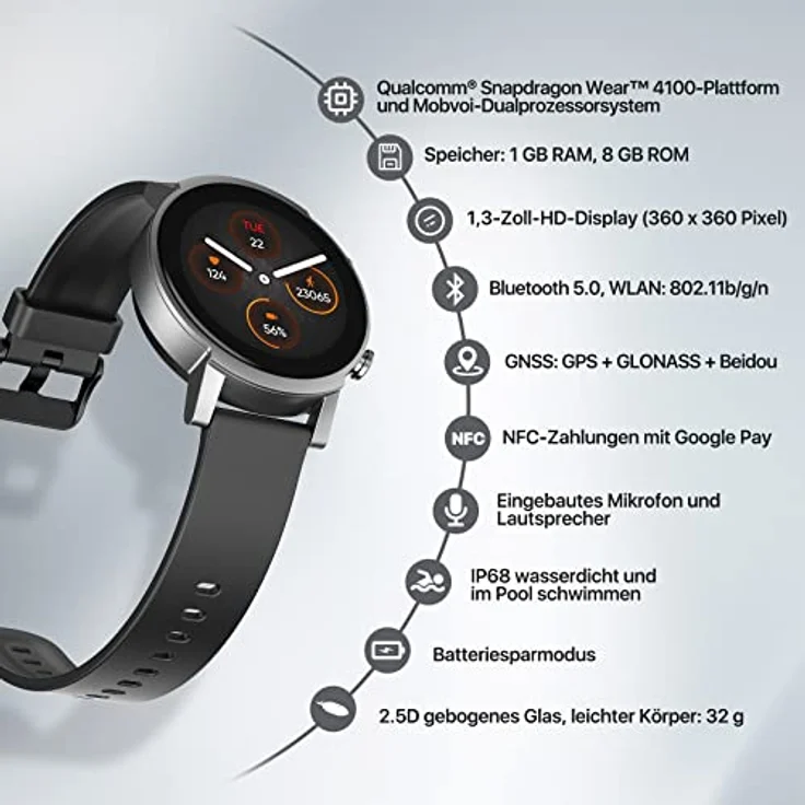 Ticwatch E3 Smartwatch für Herren Wear OS von Google mit Qualcomm Snapdragon Wear 4100+ Dual-System-Plattform Google Pay GPS Herzfrequenzüberwachung Stressmanagement iOS und Android kompatibel – Bild 2