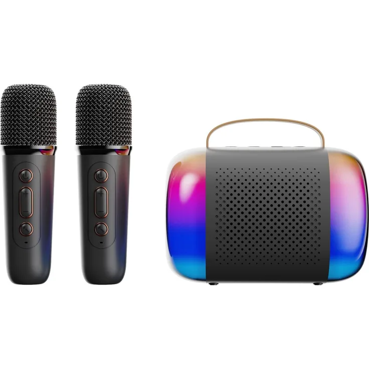 INF Y5-Doppelmikrofon-Karaoke-Maschine, Bluetooth Lautsprecher mit Studioqualität, schwarzes Design, 2400 mAh Akku
