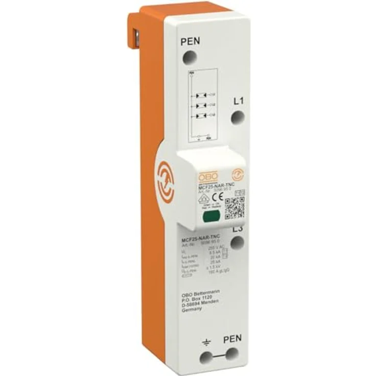 OBO MCF25-NAR-TNC LightningController Rail, 3-polig, Typ 1 + Typ 2 Schutz, 50 kA Ableitstrom, für TN-C-Netze, Montage auf DIN-Rail – Bild 1