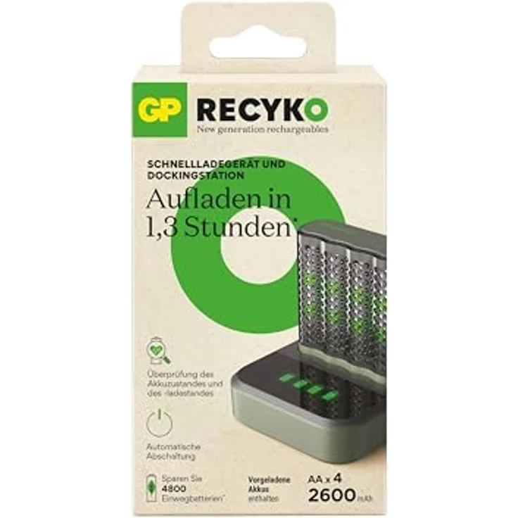 GP RECYKO USB Ladegerät Modell GP M452 inkl. 4X RECYKO AA 2600 mAh Akku & USB Dockingstation, schnelles Laden, intelligentes Design – Bild 3