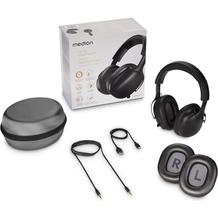 MEDION HX-1 Pure Over Ear Kopfhörer, kabellos, Bluetooth 5.4, 100 Stunden Akkulaufzeit, passive Noise Isolation, IPX4 spritzwassergeschützt, urban anthrazit – Bild 3