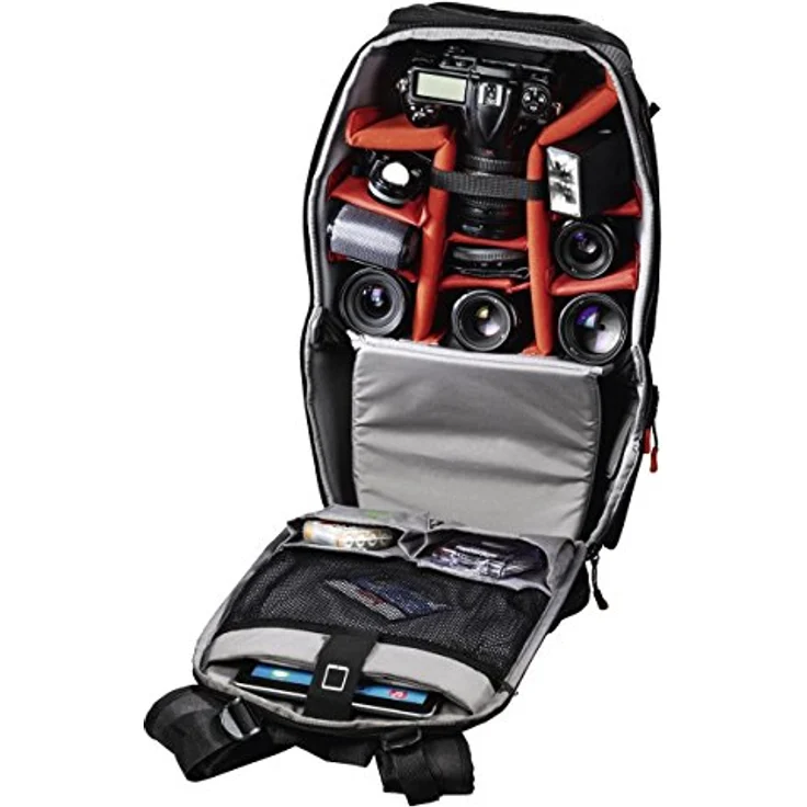Hama Kamerarucksack für 2 DSLR Kameras und Ausrüstung (Fotorucksack, 21 L, Schnellzugriff, Tabletfach, Regenschutz, Stativhalterung, handgepäcktauglich) Kameratasche schwarz – Bild 2