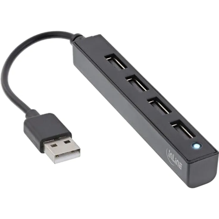 InLine® USB 2.0 4-Port Hub, USB-A Stecker auf 4X USB-A Buchse, Kabel 15cm, schmale Bauform, schwarz