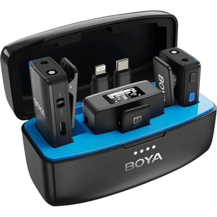 Boya Boyamic Wireless Mikrofon Set, 2,4 GHz Digitalfrequenzsystem mit 8 GB Speicher, bis zu 300 Meter Reichweite, 15 Stunden Akku, OLED-Display, schwarze Farbe – Bild 1