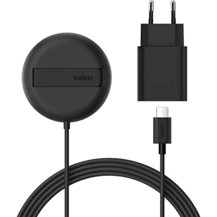 Belkin BoostCharge Pro Magnetisches Kabelloses Ladegerät (15W) mit Ständer und 2m USB-C-Kabel – MagSafe-kompatible Qi2 Ladestation für iPhone 16 Serie und Samsung Galaxy S25 – Schwarz
