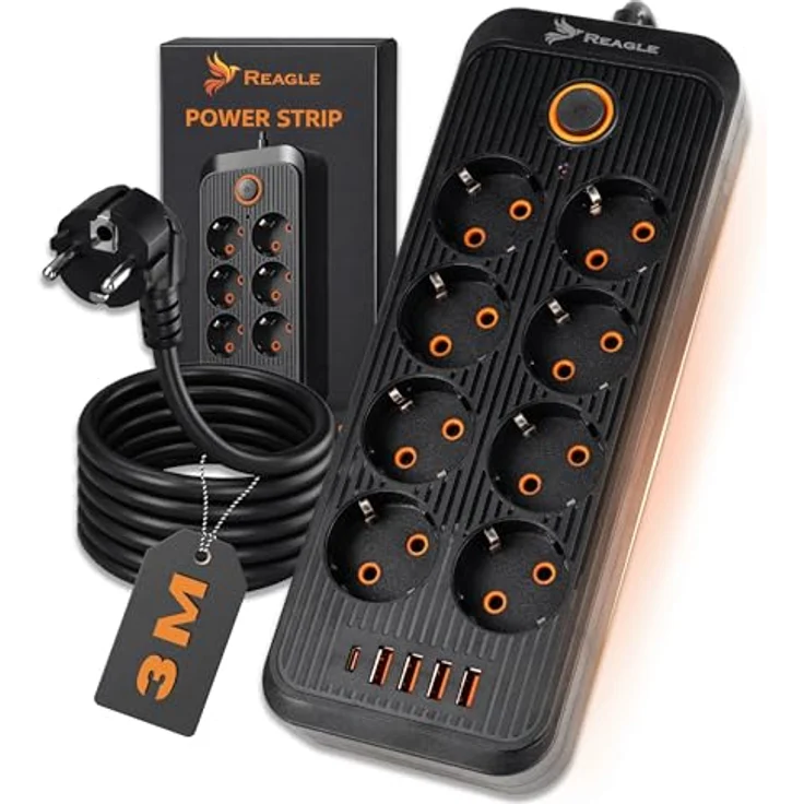 Reagle Steckdosenleiste 8-Fach 230V mit 5 USB-Anschlüssen, Save Energy-Schalter und Überspannungsschutz, 3m Kabel, schwarz – Bild 1