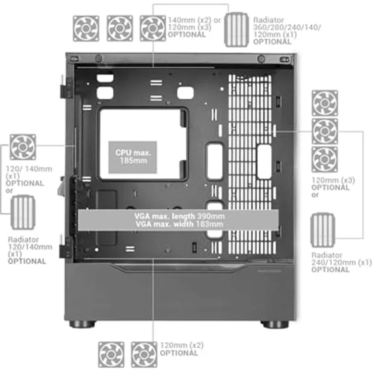 Mars Gaming MC-ULT, Tower-Gehäuse in Schwarz, kompatibel mit ATX, E-ATX, micro ATX, Mini-ITX, mit gehärtetem Glas und optimierter Kühlung, XXL-Kapazität für bis zu 7 Festplatten – Bild 6