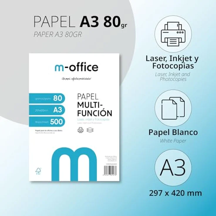 OFITURIA A3-Papier, Multifunktionspapier 80 g, Packung mit 100 Blatt, für Inkjet- und Laserdrucker, 297 x 420 mm, ideal für Büro und Zuhause – Bild 2
