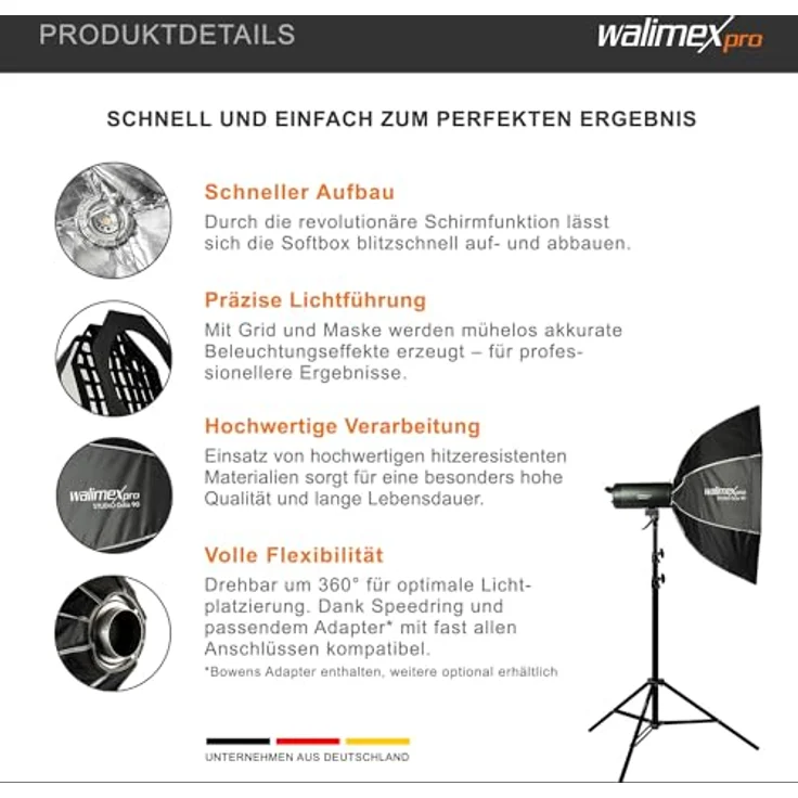 Walimex pro Studio Softbox Octagon 90cm, 360° drehbar, inkl. Grid, Maske, Bowens Adapter und Transporttasche, ideal für Porträts und Beauty-Aufnahmen – Bild 3