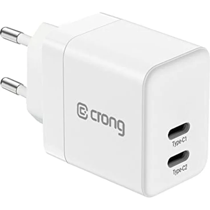 Crong Ultra Compact GaN Ladegerät mit 2-Port USB-C 35W PD 3.0 QuickCharge 3.0 Wandladegerät mit intelligenter Stromverteilung, Weiß