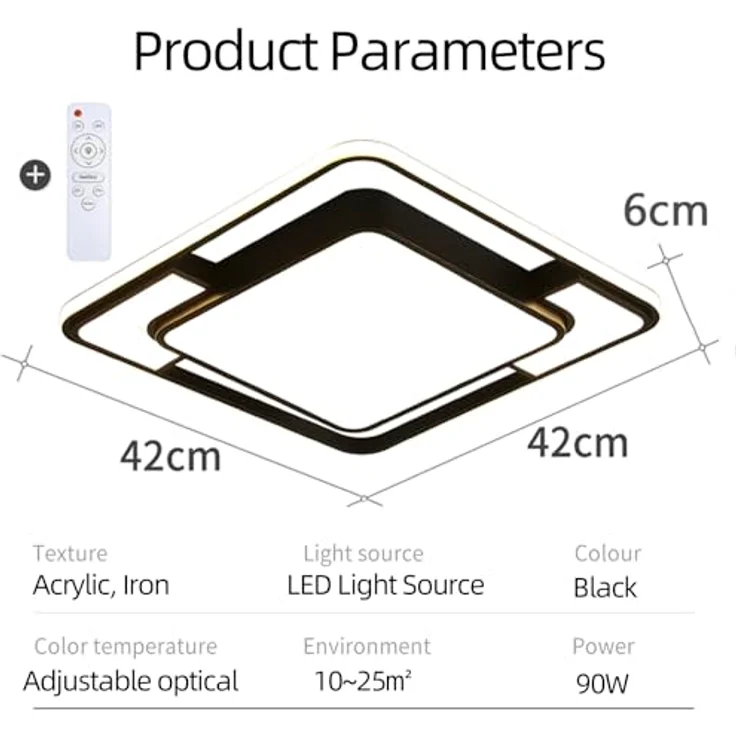 Natsen LED Deckenleuchte 90W dimmbar mit Fernbedienung, moderne Lampe für Küche Büro Schlafzimmer Wohnzimmer Esszimmer Flur Diele, Quadrat, Schwarz 42x42x6cm – Bild 5