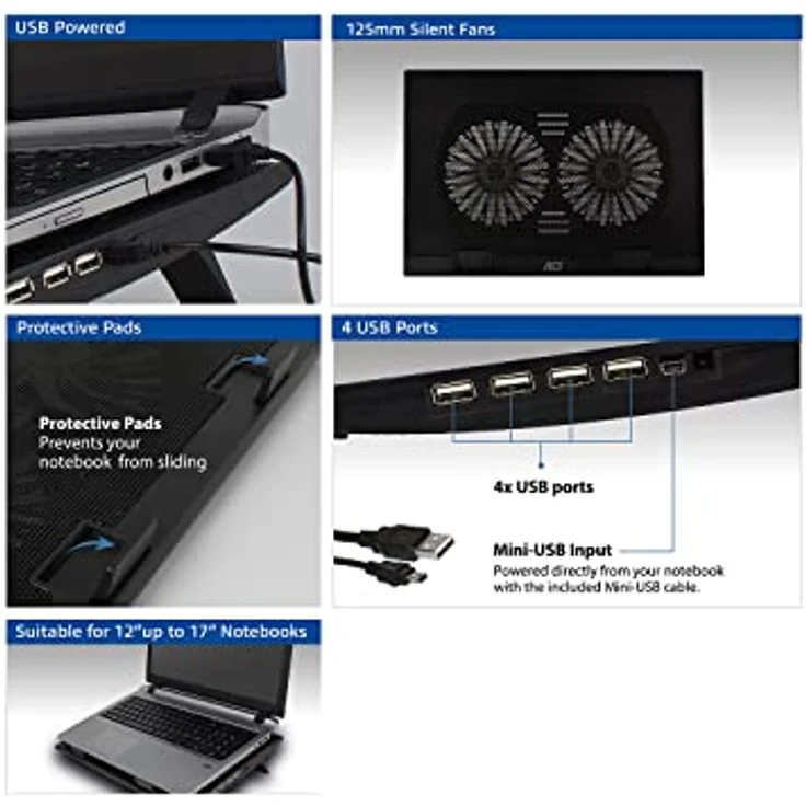 ACT Laptop Kühler 17 Zoll, Business Laptop Ständer Höhenverstellbar (2 Ergonomische Positionen), 2 Leiser Lüfter für das Büro, 4-Port-USB-Hub - AC8105 – Bild 5