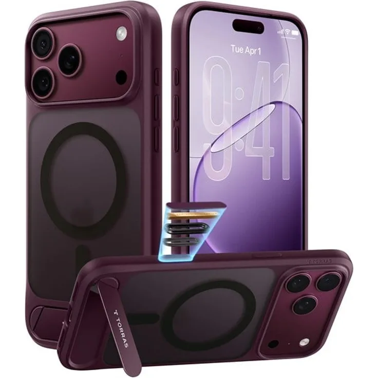 Torras Ostand L1 Handyhülle,Purple, mit integriertem Stand, MagSafe-Kompatibilität und 360° stoßdämpfenden Airbags für iPhone 18 Pro