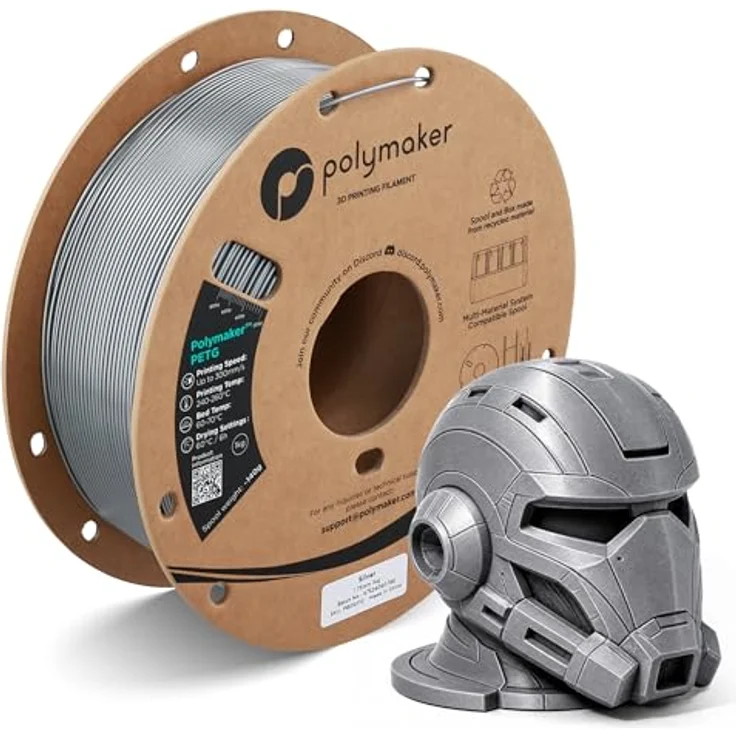Polymaker PETG Silver 3D-Drucker-Filament, 1,75 mm, 1 kg, hoher Durchfluss, hohe Festigkeit, schnelles Drucken bis 300 mm/s, hervorragende Schichthaftung, verwindungsfrei, ideal für Prototypen – Bild 1