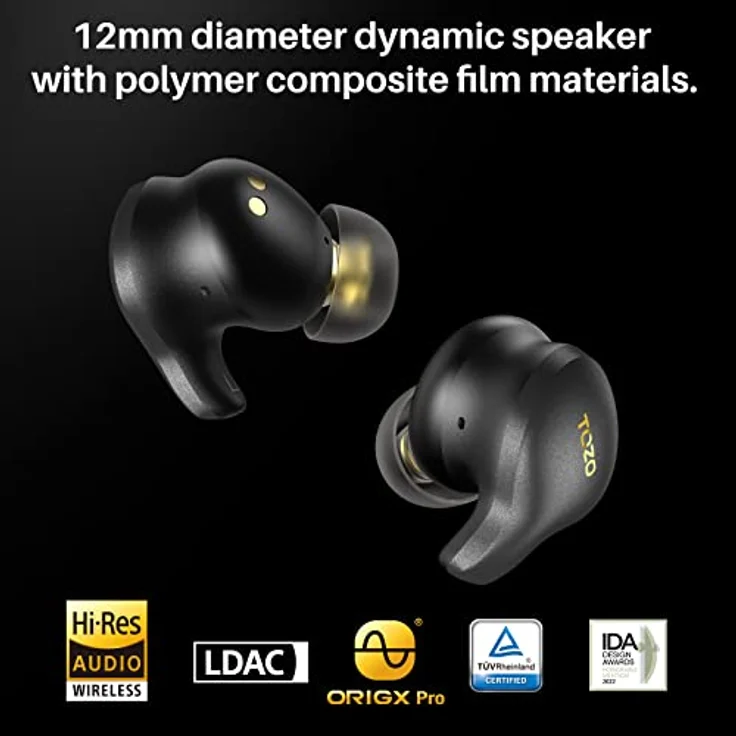 TOZO Golden X1 Kopfhörer Kabellos Bluetooth Balanced Armature Treiber und Hybrid Dynamik Treiber, OrigX Pro, LDAC & Hi-Res Audio Drahtlos, Umgebung & Aktive Geräuschunterdrückung Ohrhörer Schwarz – Bild 2