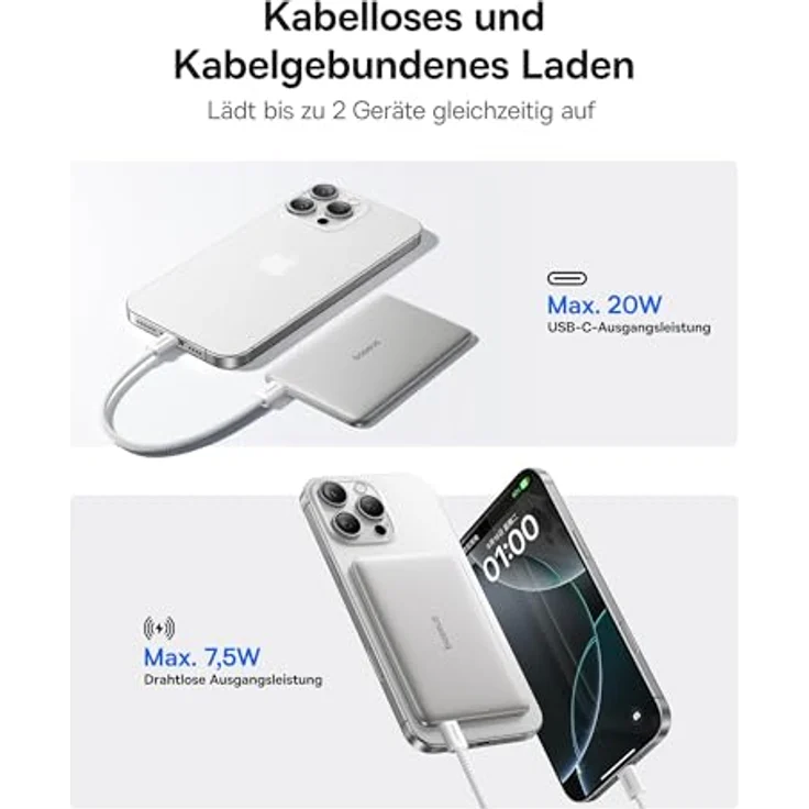 Baseus Magsafe Power Bank Ultra Slim, Magnetische Powerbank 5000mAh für iPhone 16/15/14, USB-C PD 20W, Mini Wireless mit LED-Display, Farbe Titan – Bild 3