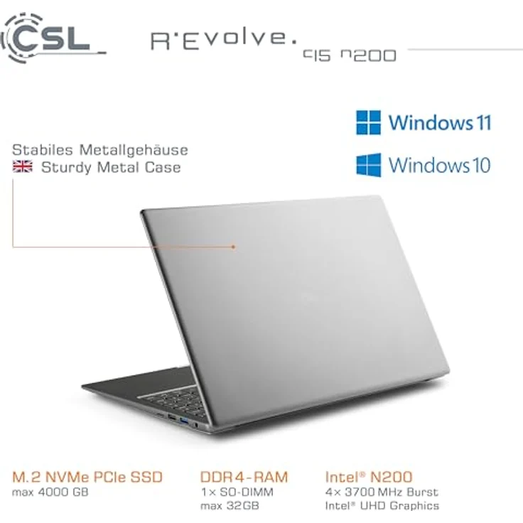 CSL-Computer Notebook CSL R'Evolve C15 v3 Windows 11 Pro - Ultra-Slim Laptop, 15,6 Zoll Display FHD 1920x1080 IPS, Intel N200 CPU 4x3700 MHz Turbotakt, 2000 GB M.2 SSD, 16 GB DDR4-RAM, USB 3.2, BT 5.1, AC WLAN - Mit eleganter Optik und leistungsstarker Ausstattung – Bild 5