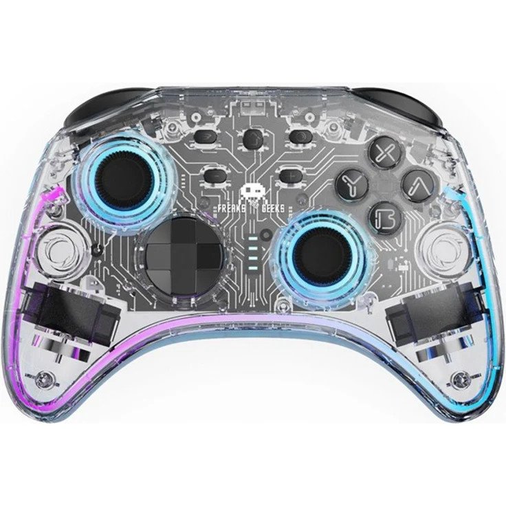 Freaks And Geeks Draadloze Wireless Controller, Transparenter Wireless Controller für Nintendo Switch/PC mit LED, 600mAh Akku, 6-8 Stunden Akkulaufzeit