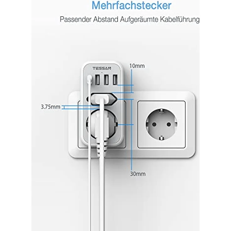 TESSAN Mehrfachsteckdose, Doppelstecker für Steckdose, Steckdosenadapter 2Fach mit 4 USB Netzstecker, Mehrfachstecker für Steckdose und USB C Adapter, Grau – Bild 5