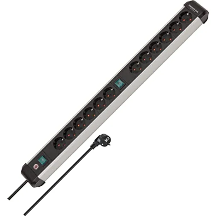 Brennenstuhl Premium-Alu-Line Steckdosenleiste 12-Fach/Steckerleiste aus hochwertigem Aluminium (Mehrfachsteckdose mit 2 Schaltern und 3m Kabel, Made in Germany)
