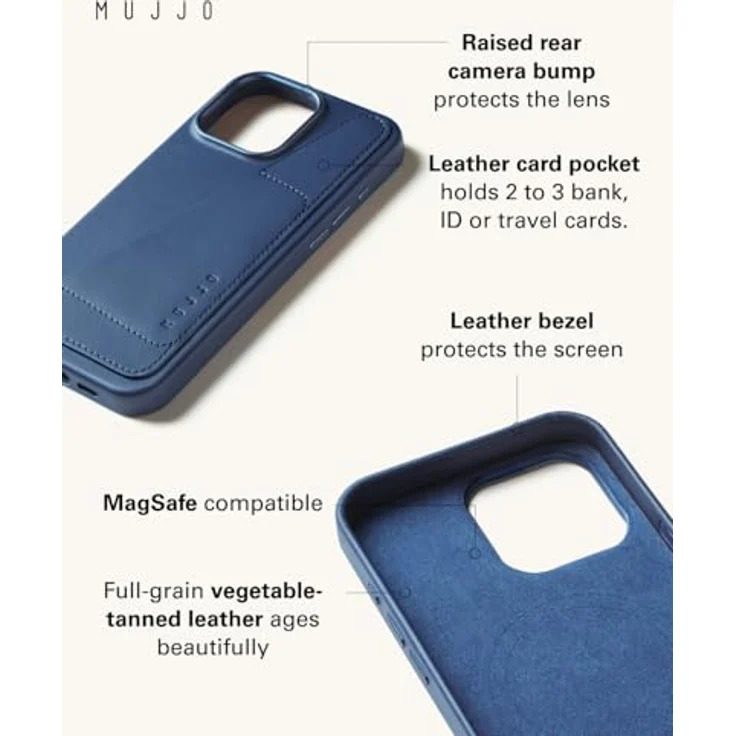 Mujjo Leather Wallet Case iPhone 16 Pro Max Blau - Integrierte Brieftaschen-Funktionalität, Außergewöhnlicher Schutz, Magsafe-Leistung, Hochwertiges europäisches Leder, Hergestellt aus recycelten Materialien – Bild 2