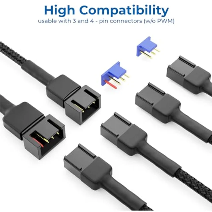 deleyCON 20cm 3-Pin Lüfter Verteilerkabel mit Nylonmantel - Verlängerungskabel für PC Computer Workstation - Schwarz – Bild 3