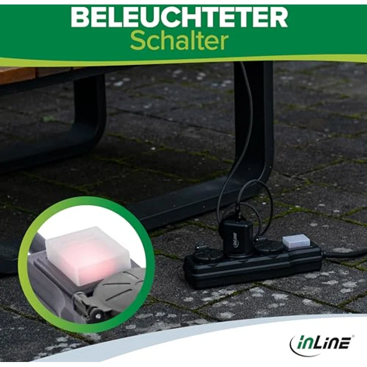 InLine 3-Fach Steckdosenleiste, Outdoor, IP44, 5m mit beleuchtetem EIN/Aus Schalter und erhöhtem Berührungsschutz, robust und langlebig, 16493P – Bild 5