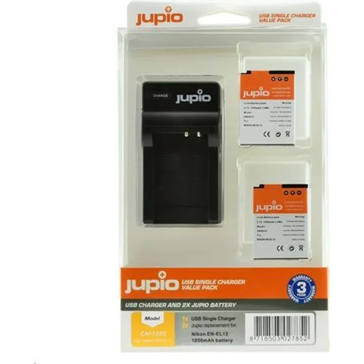 Jupio Set EN-EL12 Akkus 1050 mAh mit Ladegerät für Nikon Digitalkameras, 2er Pack