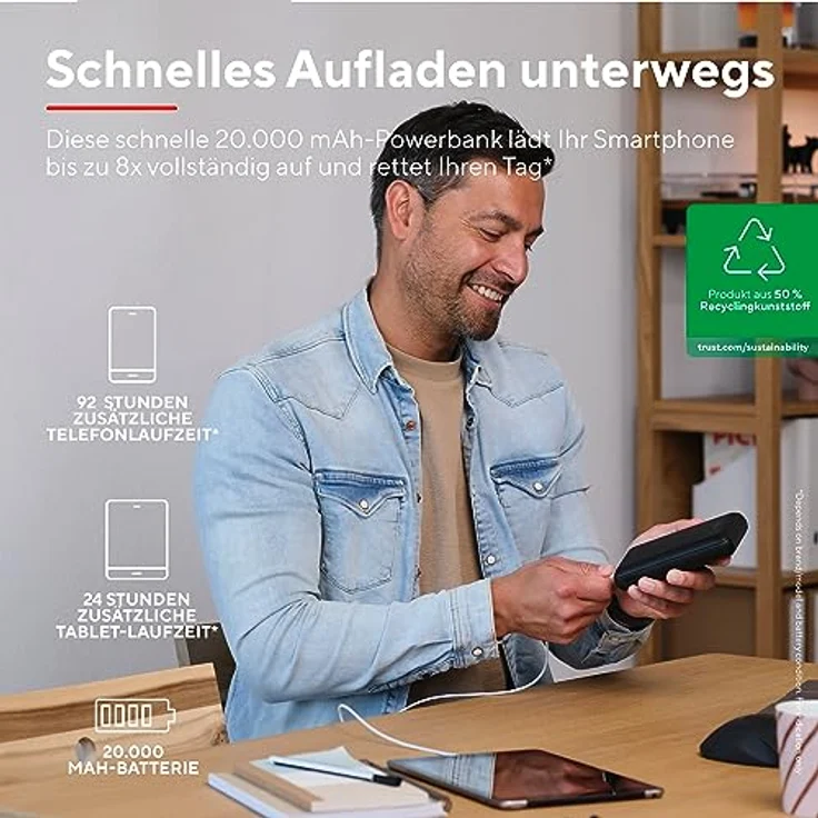 Trust Redoh 20000mAh 20W Powerbank Schnellladefunktion, PD 18W USB-C, QC 3.0 USB, 50% Recyclingkunststoff, Inklusive Kabel, Power Bank Handy, iPhone, iPad, Samsung, Xiaomi, Tablet - Schwarz – Bild 2