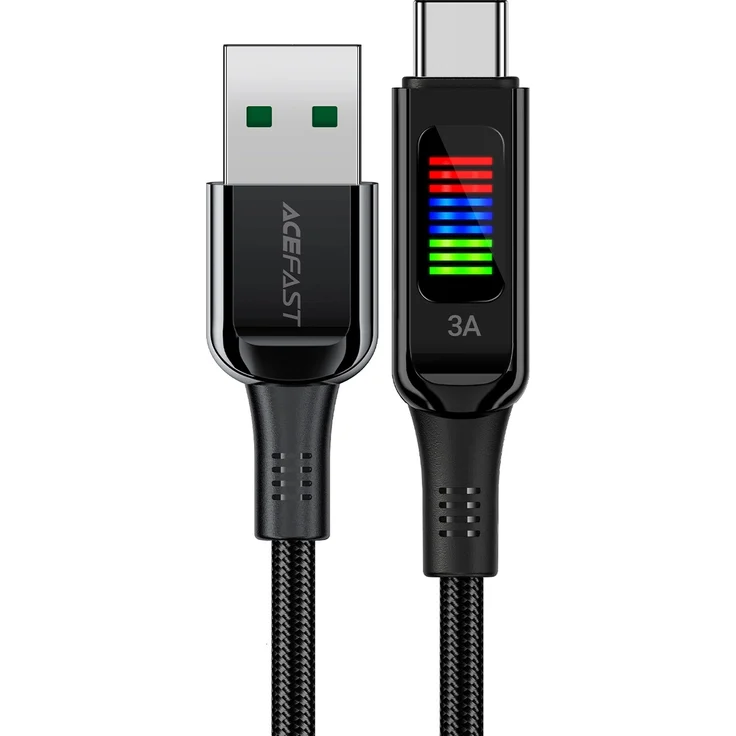 Acefast C7-04, USB-A zu USB-C Ladekabel mit 60 W Leistung, 1,2 m Länge und LED Spannungsanzeige – Schwarz