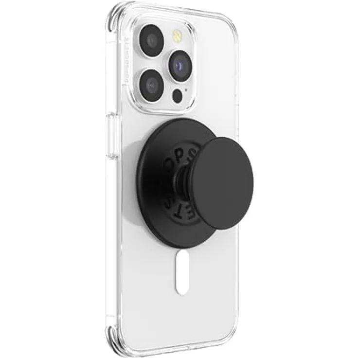 PopSockets PopGrip runder Telefongriff, kompatibel mit MagSafe, inkl. Adapterring, kabelloses Laden möglich - Schwarz