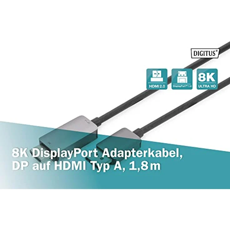 DIGITUS Displayport zu HDMI Adapterkabel - HDMI 2.1 - Displayport 1.4-8K/60Hz - Plug&Play - 1,8m - schwarz – Bild 2