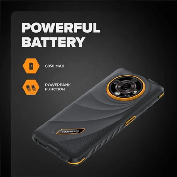 Hammer Iron 6 5G, Outdoor Handy mit 8GB RAM, 256GB Speicher, 6.56" 120Hz Display, IP69, 6050mAh Akku, Dual SIM, NFC – Schwarz-Orange – Bild 3