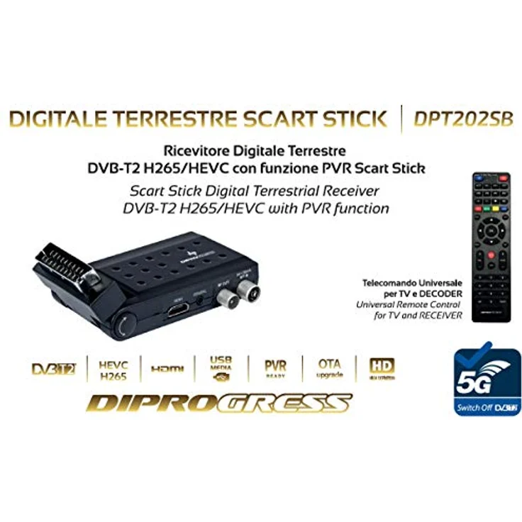 DIPROGRESS DPT202SB Digitaler terrestrischer Scart Stick DVB-T2 H265/HEVC Main 10 mit Universal-Fernbedienung für TV – Bild 4