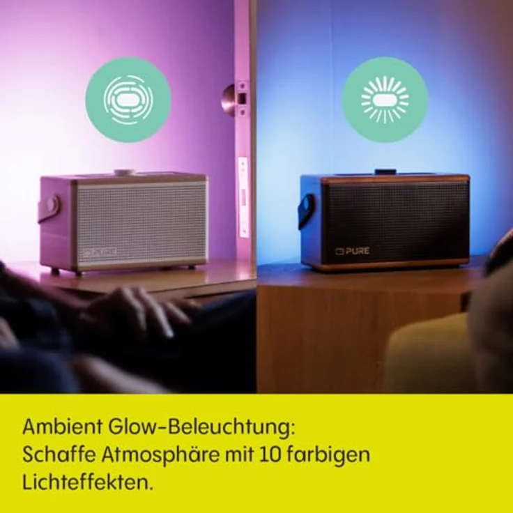 Pure Classic Aura, Bluetooth-Lautsprecher 40W mit 30h Akku, Lichtmodi, USB-C, AUX, IPX2, EQ-Modi – Baumwollweiß mit Eiche, Holzoptik, 2-Wege-Stereo – Bild 4