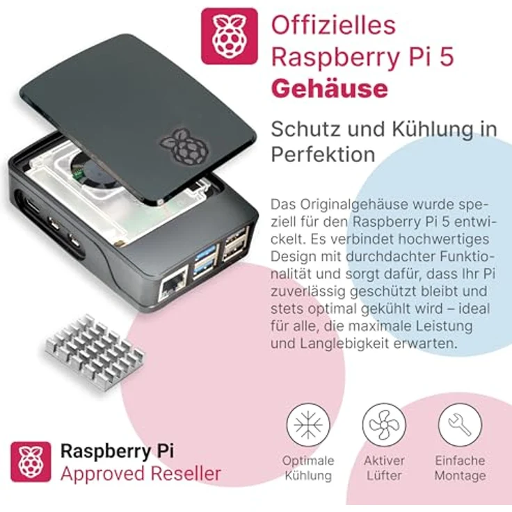 BerryBase Raspberry Pi 5 Starterkit, 64GB microSDHC mit vorinstalliertem Pi OS, Gehäuse, Netzteil, HDMI-Kabel, Zubehör - RAM: 1GB - Farbe: schwarz – Bild 6