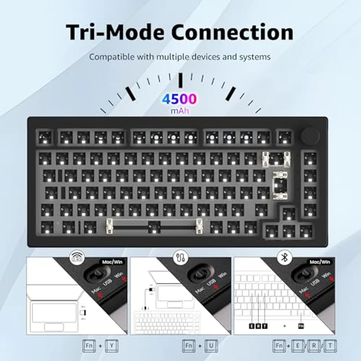 Akko 5075B ISO Mechanische Tastatur-Kit, Gaming-DIY-Barebone-Kit, RGB-Hintergrundbeleuchtung, VIA-programmierbar, Tri-Mode Bluetooth 5.0/2,4 GHz/kabelgebunden, Schwarz – Bild 4