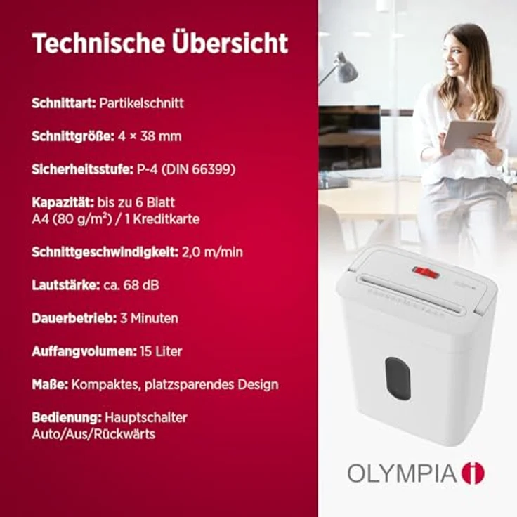 OLYMPIA PS 53 CC Pro Aktenvernichter, Partikelschnitt P-4 (4 x 38 mm), bis 6 Blatt, weiß, mit Rücklauffunktion und Start-/Stoppautomatik – Bild 6
