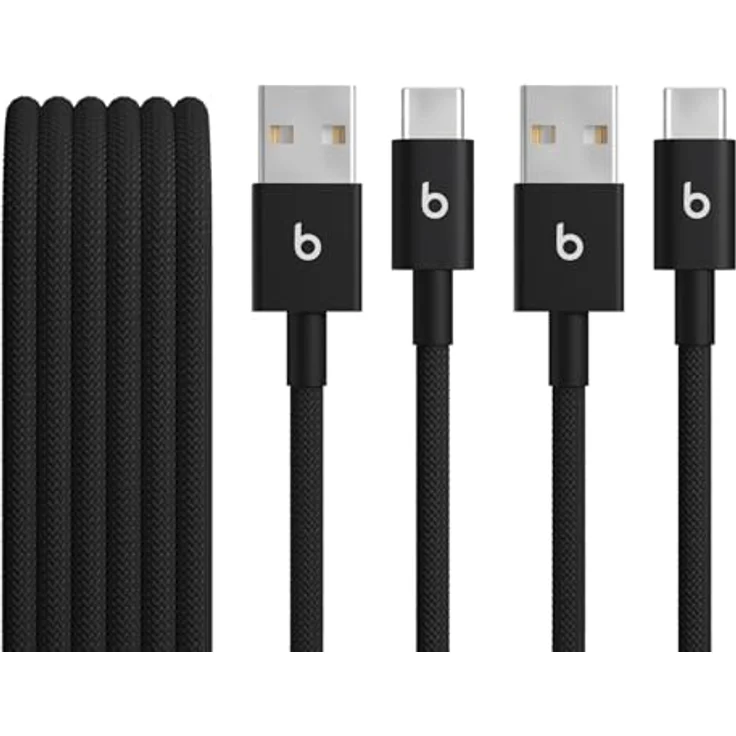 Beats USB-A auf USB-C Gewebte Kabel, 2er-Pack, Langlebiges und Verwicklungsfreies Design, Schnellladen bis 15 Watt, 1,5 m – Power-Schwarz – Bild 1