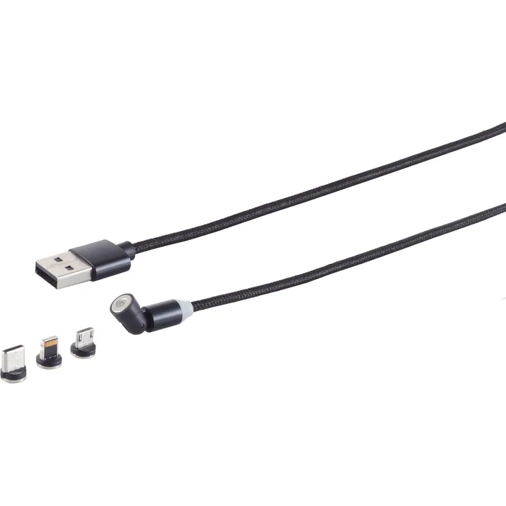 Kabelbude.eu USB-A Magnetladekabel 3in1, 540° drehbar, schwarz, 1m mit 3 austauschbaren Magnetsteckern
