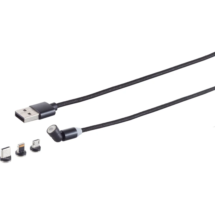 Kabelbude.eu USB-A Magnetladekabel 3in1, 540° drehbar, schwarz, 1m mit 3 austauschbaren Magnetsteckern