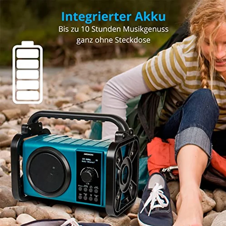 MEDION E66877 DAB+ Baustellenradio (Robustes Gehäuse, Spritzwassergeschützt (IP44), Bluetooth 5.0, PLL UKW Radio, LED-Arbeitslicht, Akku- und Netzbetrieb) blau – Bild 5