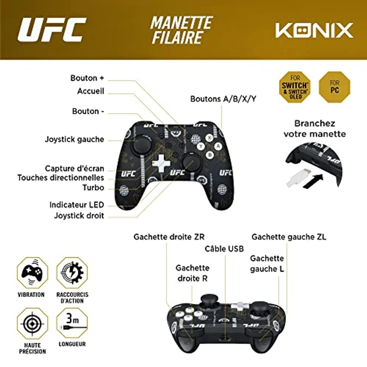 Konix UFC Nintendo Switch/PC Controller, ergonomischer Gamepad mit 3 m Kabel, Vibrationsfunktion und Screenshot-Taste – Bild 5