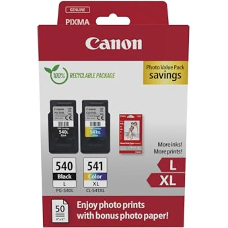 Canon Originaltinte PG540L / CL541XL (2 L/XL Tintenpatronen, 1xL Schwarz+ 1xXL Farbe) - Photo Value Pack (inkl. Canon Fotopapier GP-501 50 Blatt 10x15cm) – Bild 1