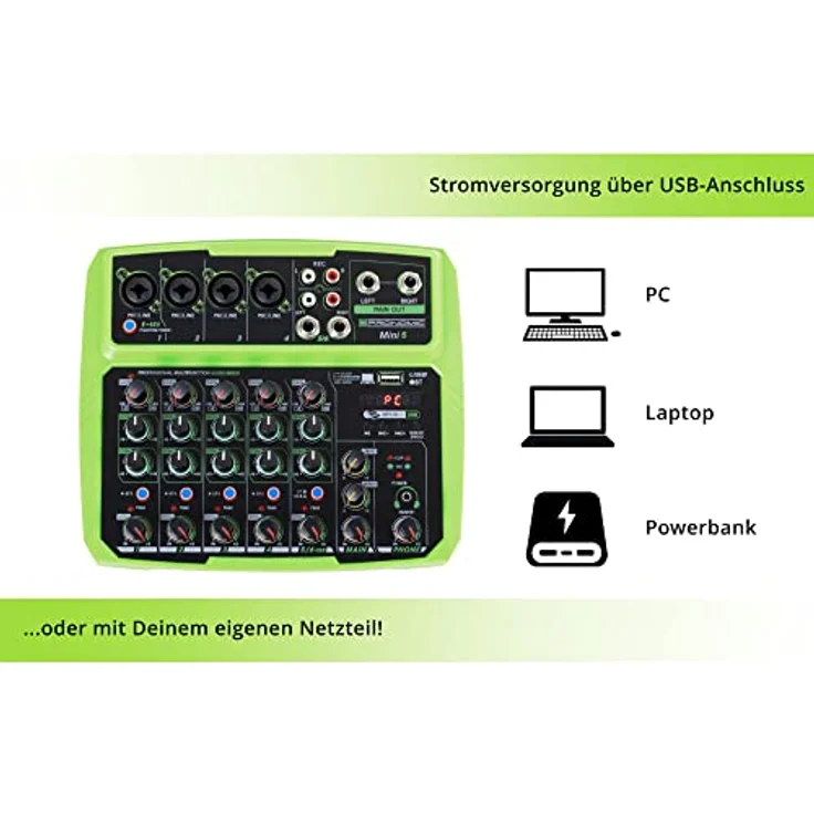 Pronomic Mini6 USB-Mischpult - USB-betriebener 6-Kanal Mixer mit Bluetooth® und USB - Grün – Bild 4
