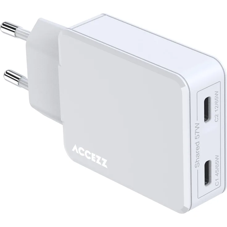 Accezz Ultra Slim GaN Ladegerät, 2x USB-C Anschlüsse mit 65 W, weiß