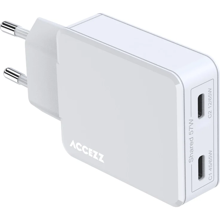 Accezz Ultra Slim GaN Ladegerät, 2x USB-C Anschlüsse mit 65 W, weiß