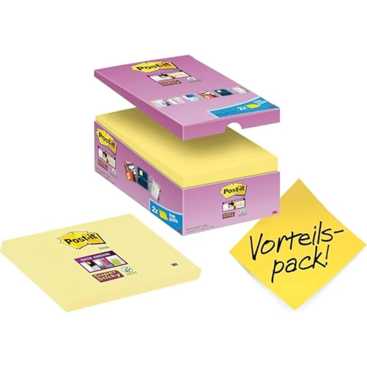 Post-it Notes Super Sticky Haftnotizblock 127x76mm, 90 Blatt, gelb, VE=16 B, rückstandsfrei und superstark – Bild 1