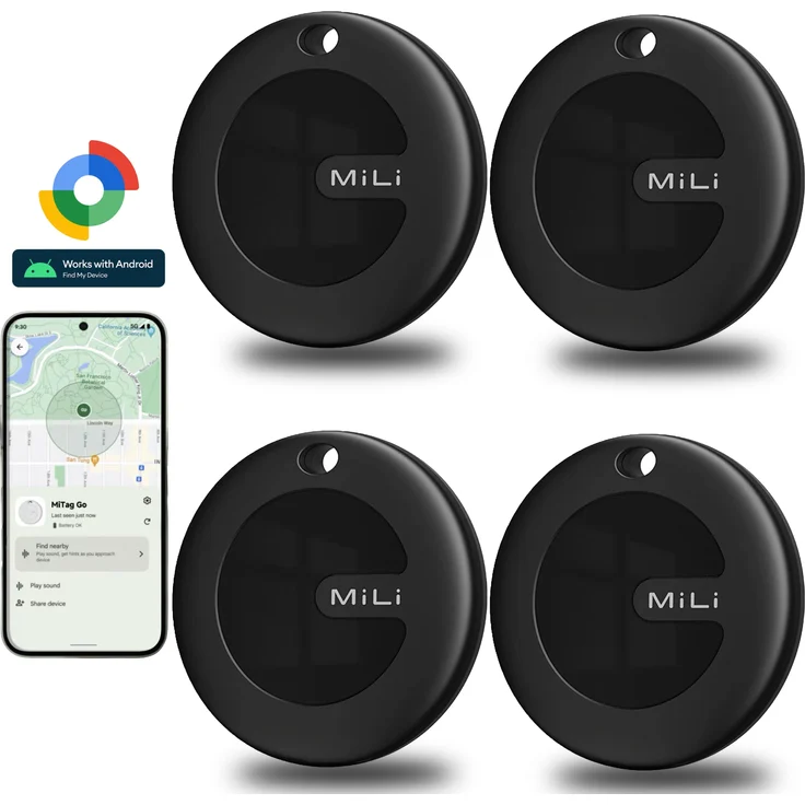 MiLi GPS Tracker MiTag, Google Autorisiert, 4er Pack Bluetooth-Tracker, präzise Ortung für Gepäck, Auto und Haustiere, schwarz